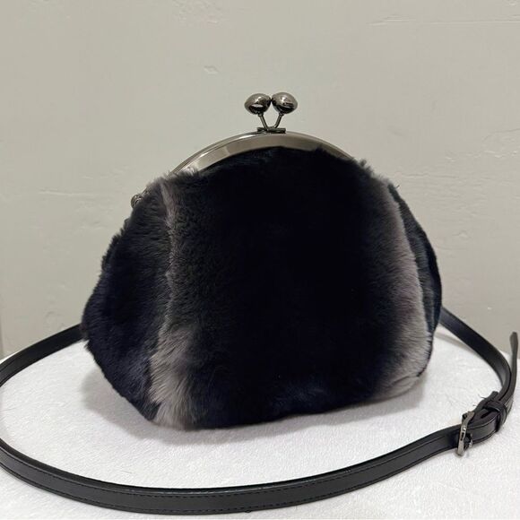 Black Gradient Handmade Real Rex Rabbit Fur Kiss-lock Shoulder Bag/Crossbody - Picture 1 of 14